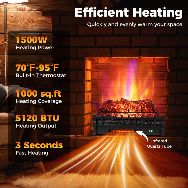 Electric Fireplace Insert WiFi Controlled with Infrared Quartz and Pinewood Logs-Black image number 4
