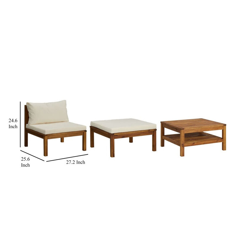 3pc Patio Set with Chair, Ottoman, Coffee Table, Acacia Wood, White - Benzara