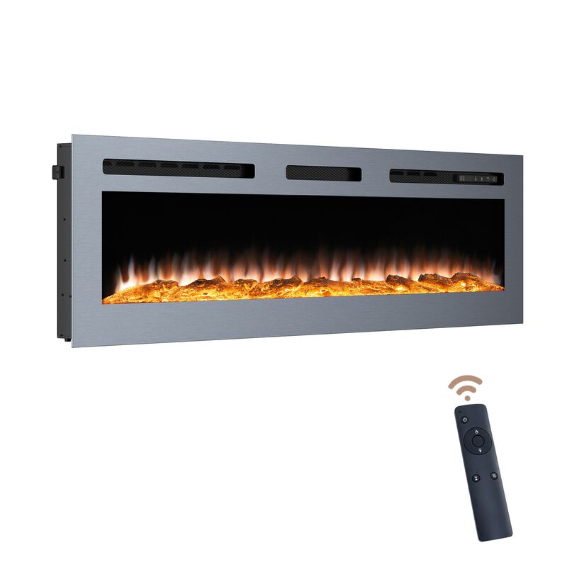 60 in. Wall Mounted and Recessed Stainless Steel Electric Fireplace in Silver