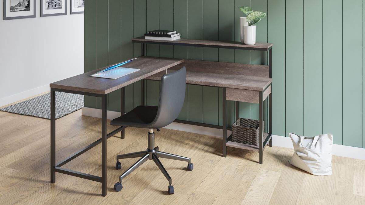 Dorrinson Two-Tone L-Desk with Storage & Swivel Desk Chair