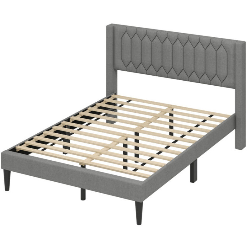Upholstered Platform Bed Frame with Wingback Headboard and Wooden Slats image number 0