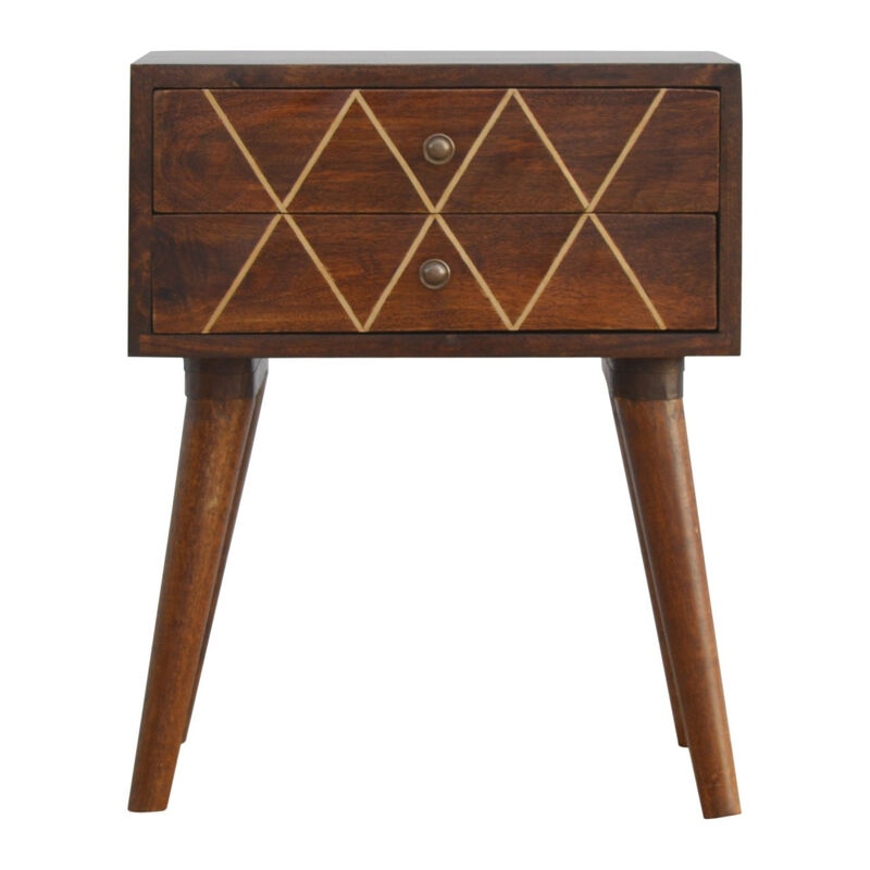 HomeRoots 22" Chestnut Solid Wood Geometric Brass Inlay Two Drawer Nightstand image number 0
