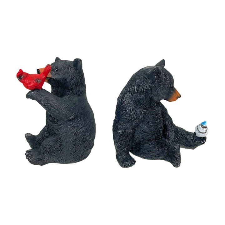 Set of 2 Black Bear Statues with Birds, 5&rdquo; Tall &ndash; Rustic Resin Animal Decor