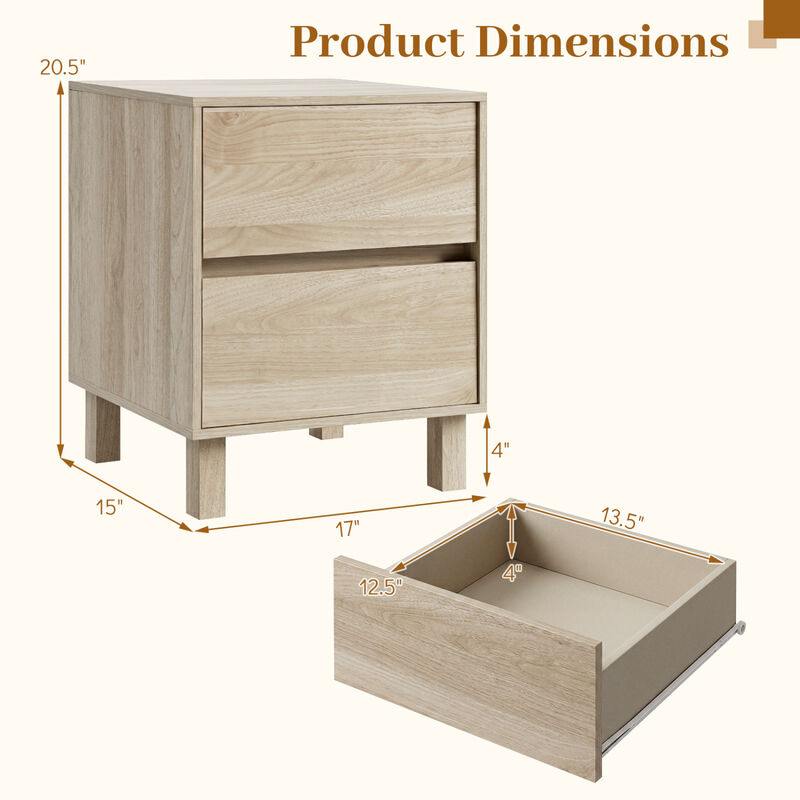 Modern Wooden End Table with 2 Storage Drawers for Bedroom Living Room Use-Natural image number 2