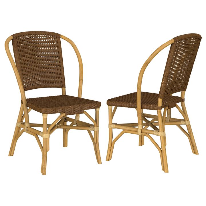 Jena Dining Side Chair Set of 2, Rattan Woven, Curved Back, Brown