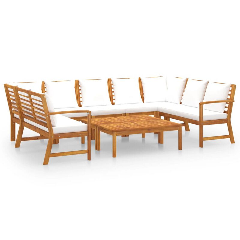 9pc Outdoor Patio Modular Sofa Set w Table, Solid Acacia Wood, White - Benzara