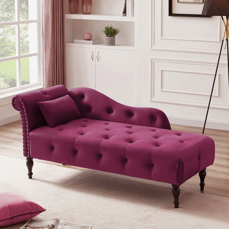 Merax Velvet Chaise Lounge Buttons Tufted Nailhead Trimmed Solid Wood Legs image number 2