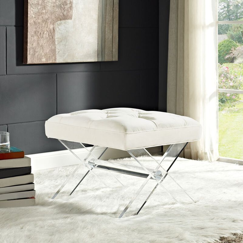 Modway Swift Acrylic X-Base Entryway Modern Bench With Tufted Fabric Upholstery in Ivory image number 3