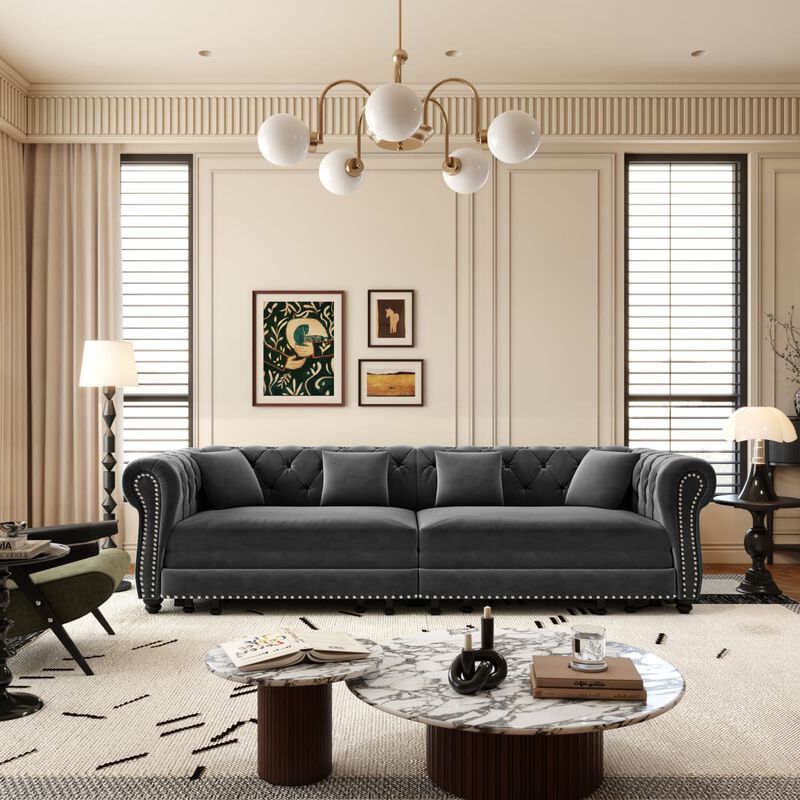 3-in-1 Pull-Out Sleeper Sofa, Velvet Chesterfield Sofa with Rolled Arms and Tufting, 89 Inch Convertible Sofa Bed with Ottoman image number 5