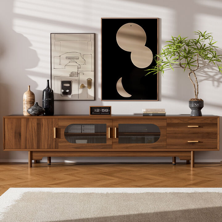 Merax Entertainment Center with Fluted Glass Display, 2 Smooth Drawers, Cable Management