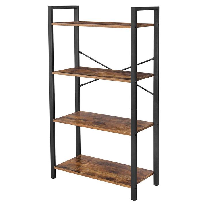4 Tier Wood and Metal Bookcase with Criss Cross Back, Rustic Brown and Black-Benzara
