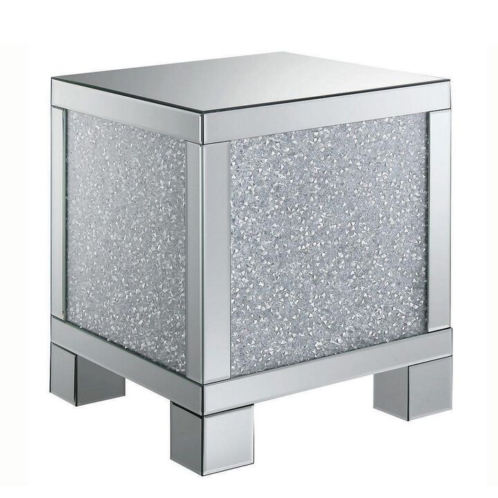 Wooden End Table with Infused Crystals on Mirrored Panel, Silver and Clear-Benzara