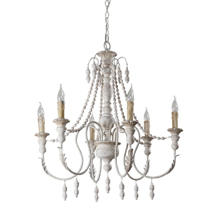 6-Light Distressed White Farmhouse Empire Wood Beads Chandelier
