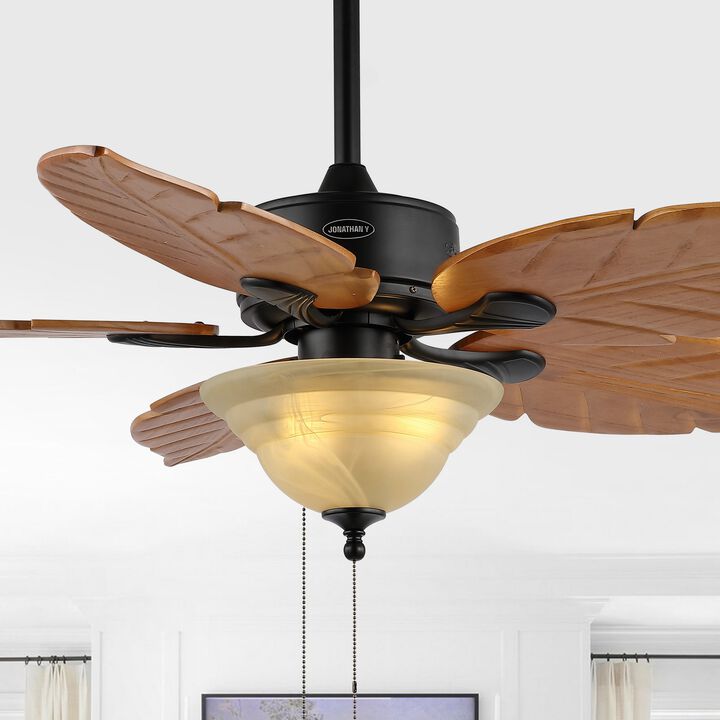 Poinciana 3-Light Coastal Bohemian Iron/Wood Palm Leaf LED Ceiling Fan with Pull Chain