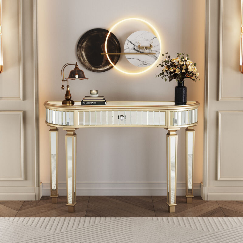 Merax Half-Moon Mirrored Console Table - Fluted Glass & Crystal Knob Drawer