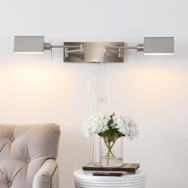 Arlo 54" 2-Light Farmhouse Industrial Double Swing Arm Iron LED Wall Sconce with Pull-Chain USB Charging Port