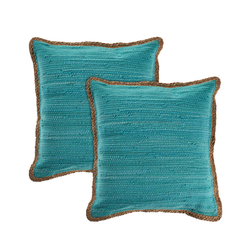 HomeRoots Set of Two 20" Turquoise Cotton And Jute Throw Pillows with Texture image number 0
