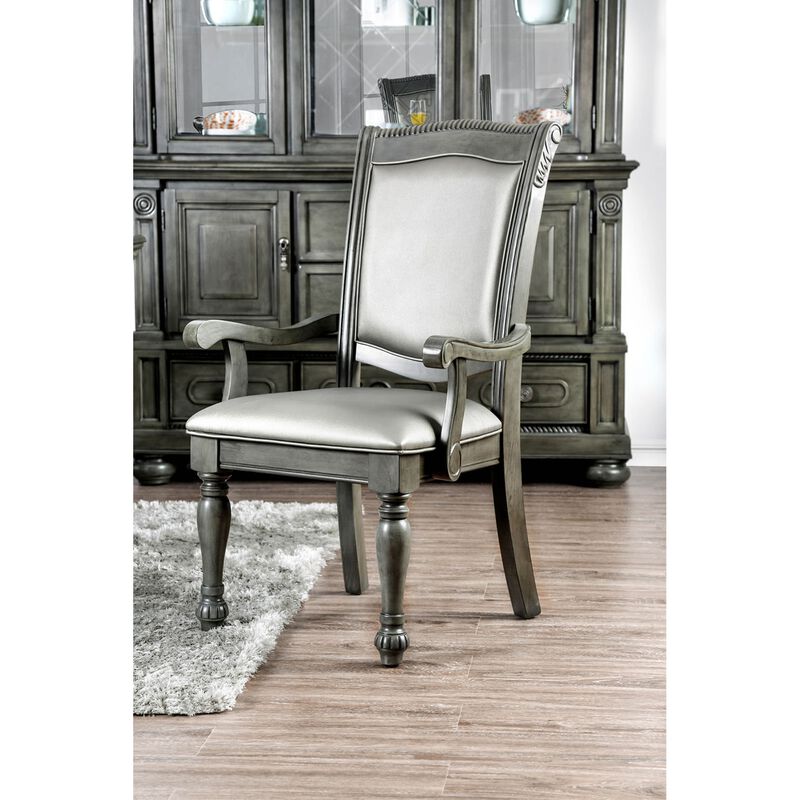 Traditional Style Wooden Arm Chair With Leatherette Cushions In Gray, Set Of 2