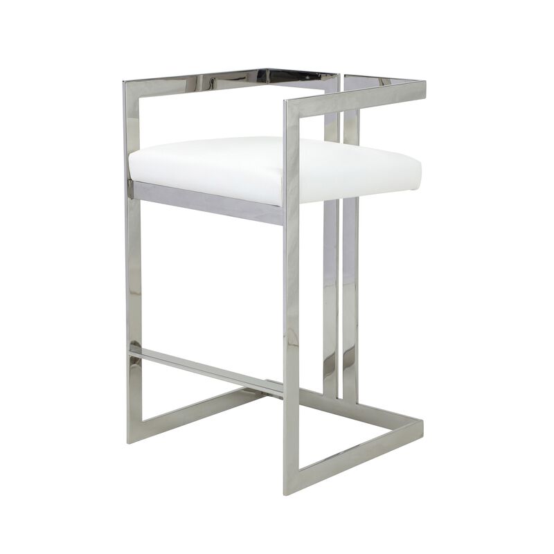 Suki 30 Inch Barstool Chair, White Faux Leather, Silver Stainless Steel