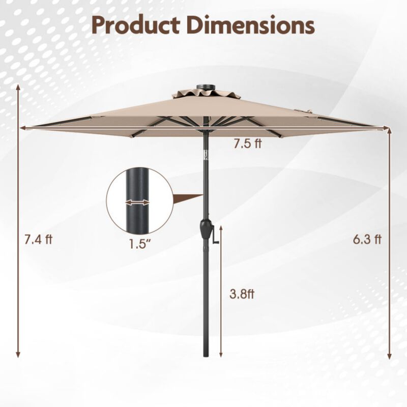 7.5 Feet Solar Powered Patio Umbrella with LED Lights and Crank Handle image number 3