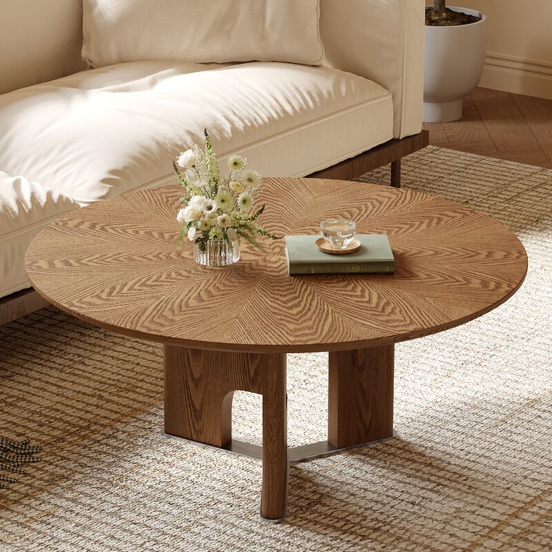 31.5-Inch Rustic Round Coffee Table with Ash Wood Veneer, Modern Wooden Living Room Table image number 2