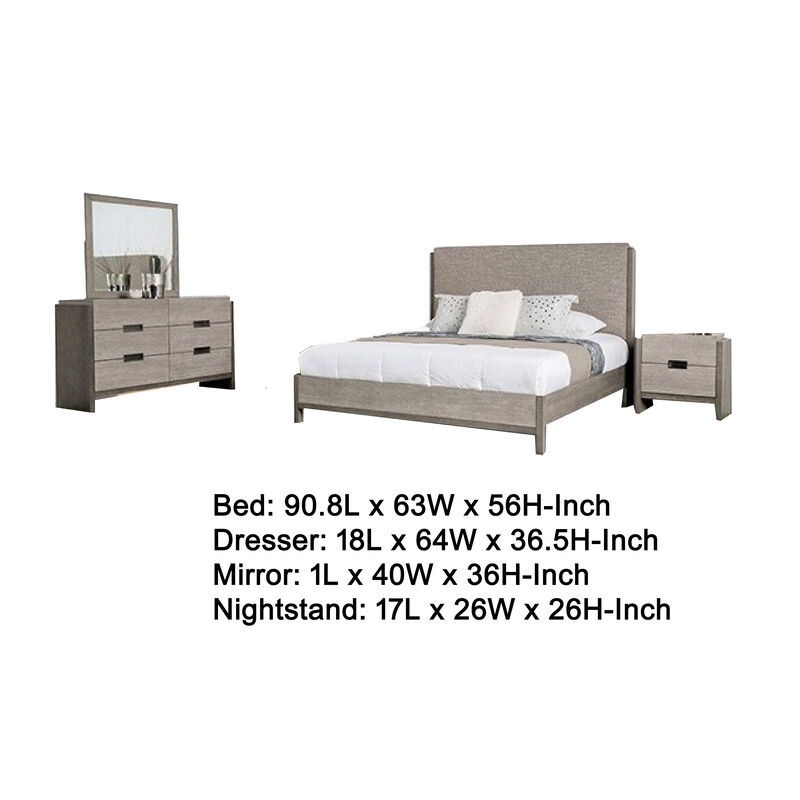 Rizvi 4pc Queen Bedroom Set, Beveled Mirror, Dresser, Gray Solid Wood - Benzara