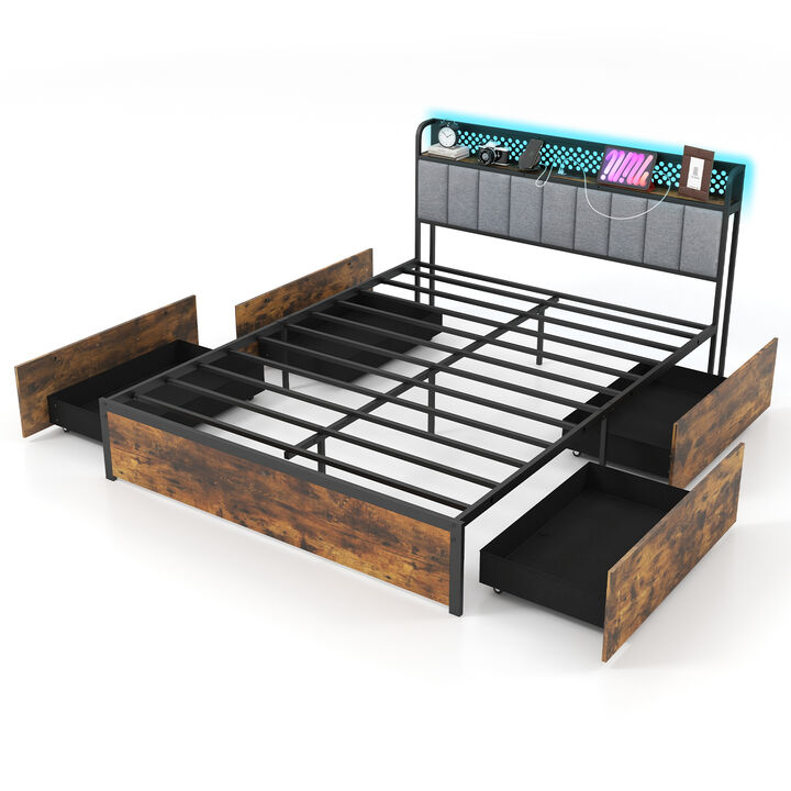 Bed Frame with LED Lights  Upholstered Headboard and 4 Storage Drawers