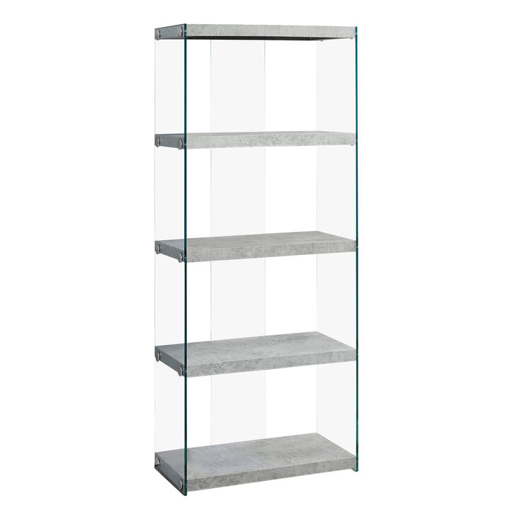 Monarch Specialties I 3233 Bookshelf, Bookcase, Etagere, 5 Tier, 60"H, Office, Bedroom, Tempered Glass, Laminate, Grey, Clear, Contemporary, Modern