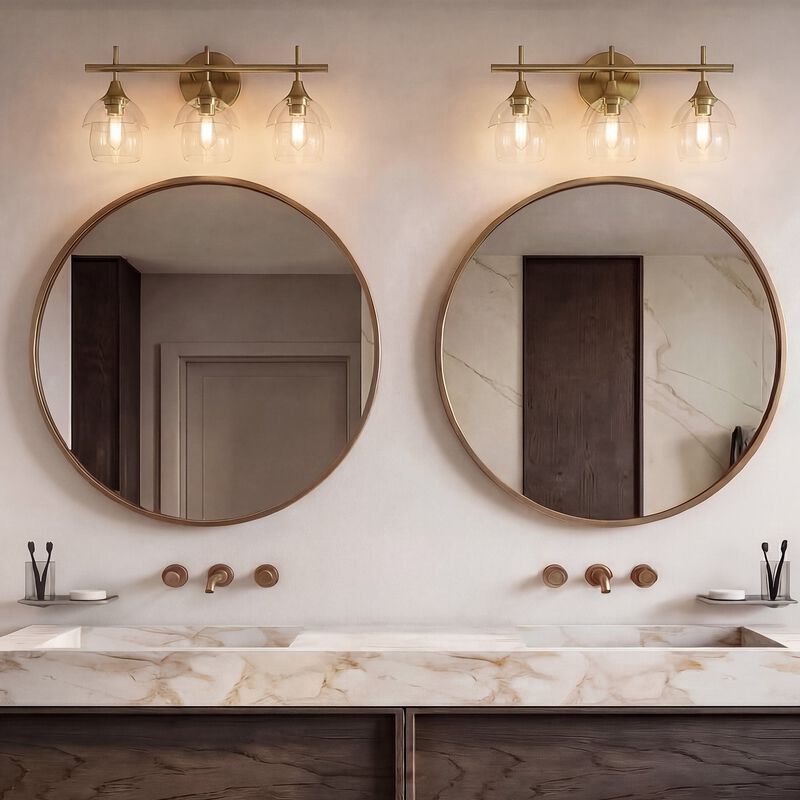 Gold Bathroom Vanity Light, Three-Light Tiered Clear Glass Shades image number 5