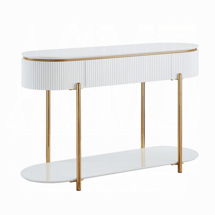 Tyce Sofa Table with Drawer, Shelf, 47 Inch Glossy White, Gold Metal