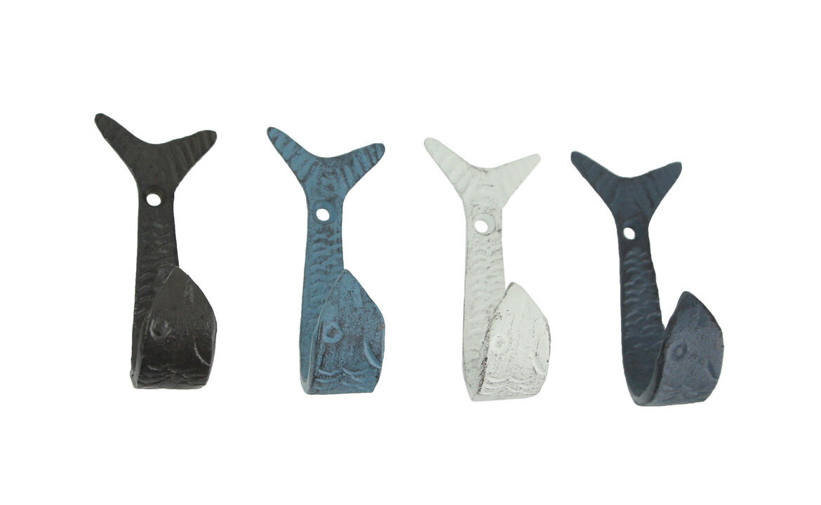 Set of 4 Coastal Color Cast Iron Flipping Fish Decorative Wall Hooks - 4 Inches High - Perfect for Kitchens, Bathrooms, Bedrooms, Garages, Pools, and Patios