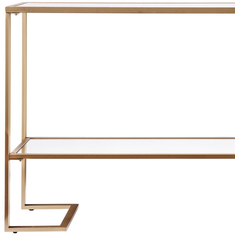 HomeRoots 52" Clear and Gold Mirrored Glass and Metal Sled Console Table With Shelf image number 5