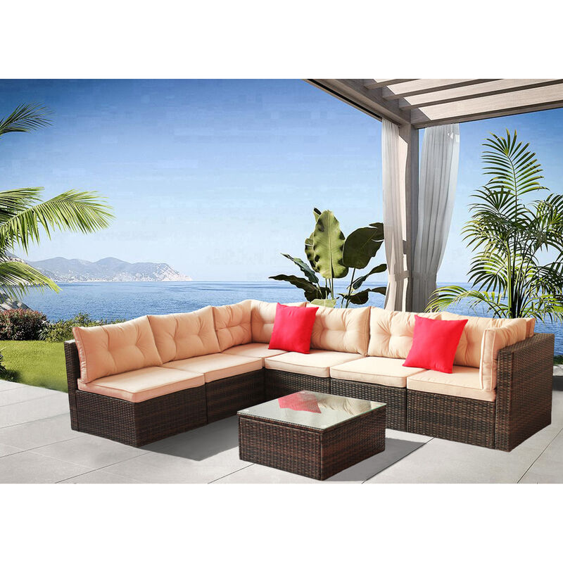 Patio Furniture Set PE Rattan Sectional Garden Furniture Corner Sofa Set (7 Pieces, Shallow brown Cushion)
