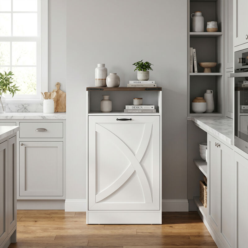 Farmhouse Tilt-Out Trash Can and Laundry Hamper Cabinet with Open Storage Shelf for Kitchen, Bathroom, Pantry, and Laundry Room image number 3