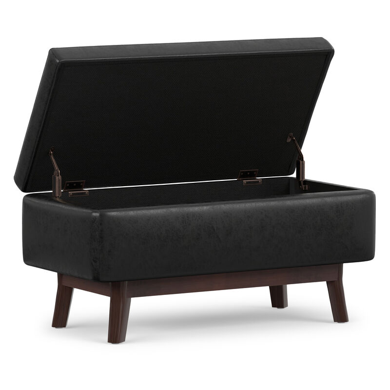 Owen 36 inch Wide Mid Century Modern Rectangle Small Rectangular Storage Ottoman in Distressed Black Vegan Faux Leather, Assembled image number 3