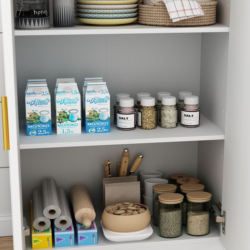 White Wooden Sideboard, Storage Cabinet, Food Pantry, Bookcase with Adjustable Shelves