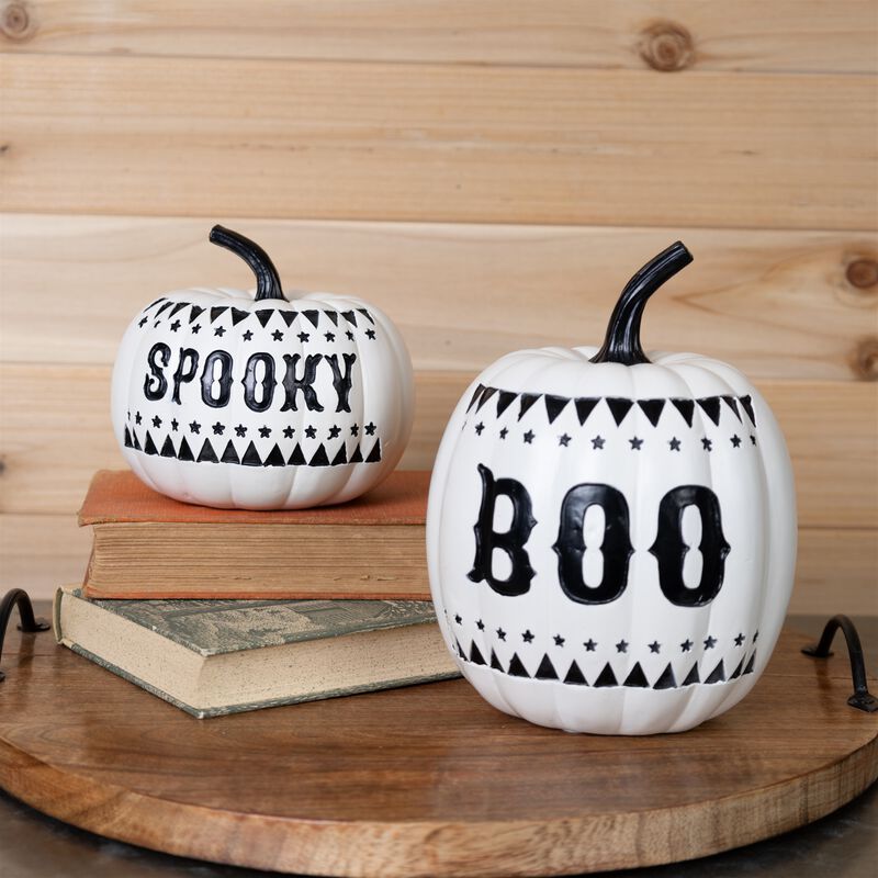 Halloween Pumpkin Decor Set of 2 – “Spooky” and “Boo” Fall Decorations for Indoor Home Display