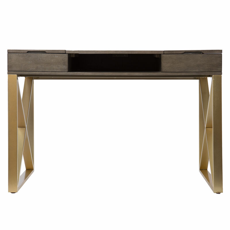 HomeRoots 45" Gray and Gold Wood Sled With Two Drawers image number 3