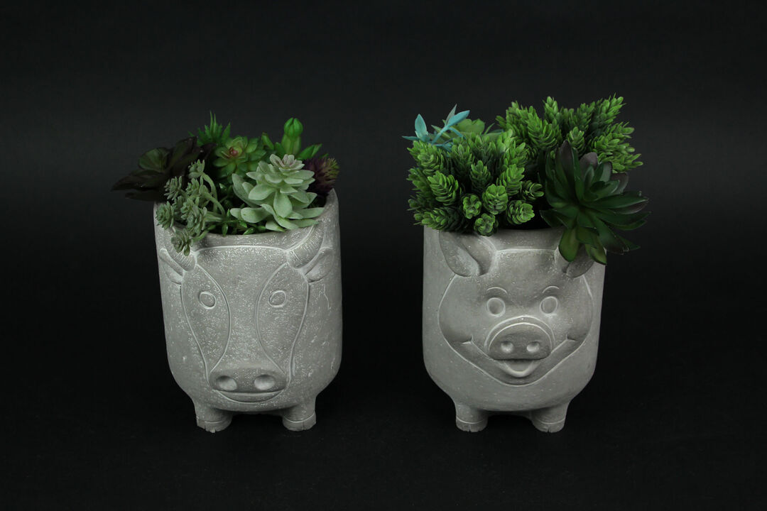 Set of 2 Natural Gray Barnyard Animal Design Concrete Planters Cow and Pig
