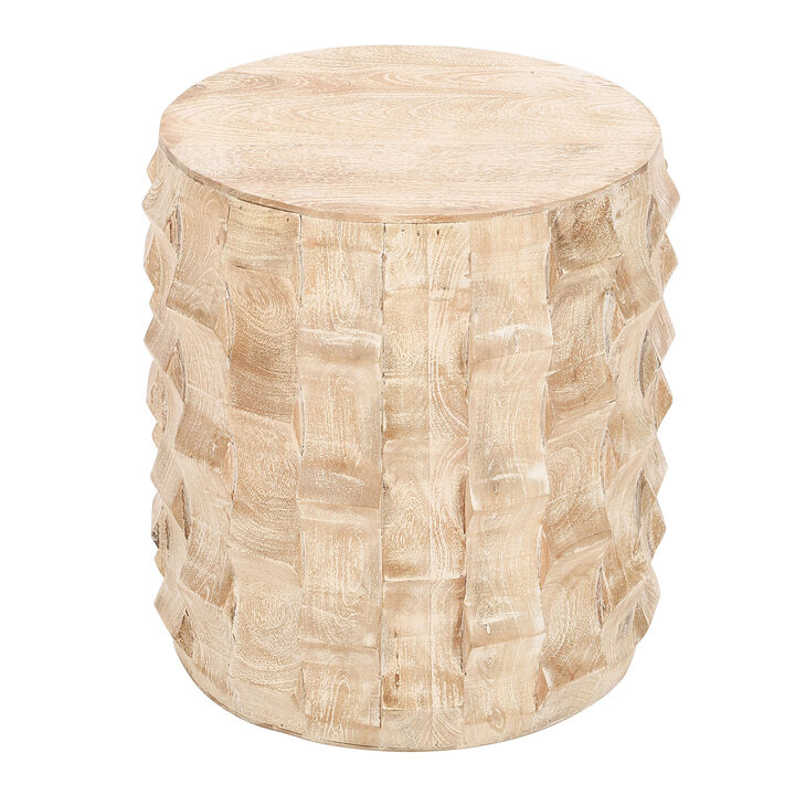 20 Inch Side End Table, Round Drum Shape with 3D Textured Design, Distressed White Finish - Benzara