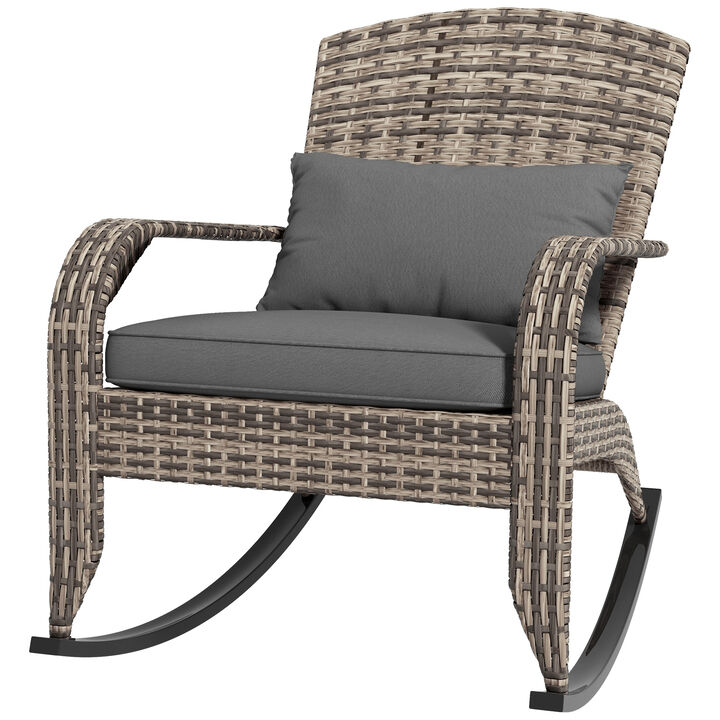 Outsunny Outdoor Wicker Adirondack Rocking Chair, Patio Rattan Rocker Chair with High Back, Seat Cushion, and Pillow for Garden, Porch, Balcony, Gray
