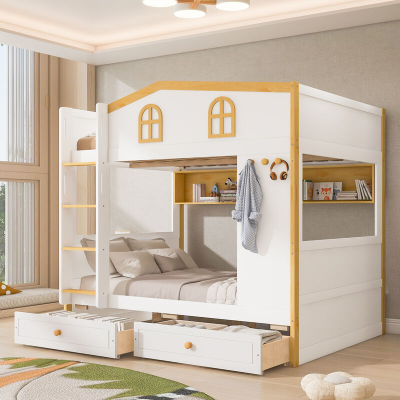Merax House-Shaped Bunk Bed with Storage Shelves, Side Hooks & Under-Bed Drawers image number 1