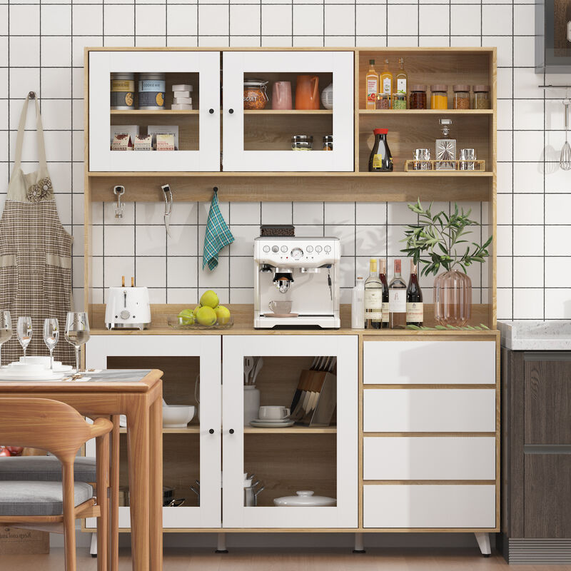 Glass Doors Light Brown Large Pantry Kitchen Cabinet With Hutch, 4-Drawers, Hooks 74.8 in. H x 63 in. W x 15.7 in. D