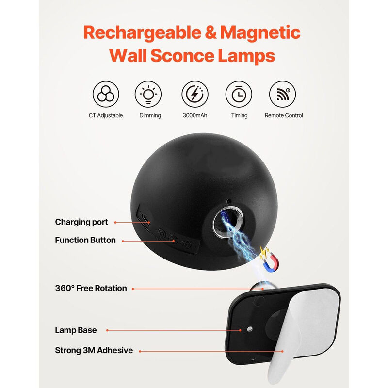 Wireless LED Wall Lights 2PCS Rechargeable with Remote, 360&deg; Rotation, Dimmable-Black image number 3