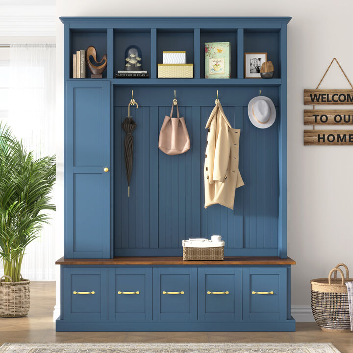 Merax 4-in-1 Entryway Hall Tree with Storage Bench, Hanging Hooks, Open Cubbies & Drawers