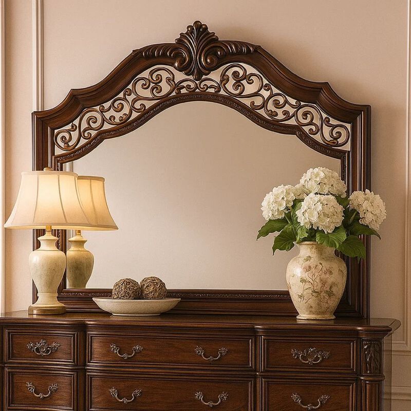 Molded Wooden Frame Mirror with Ornate Detailing, Brown By Casagear Home