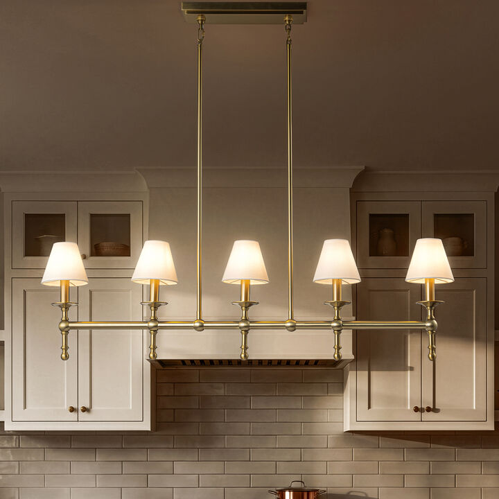 Transitional Warm Brass Linear Chandelier with Fabric Shades for Dining Room Kitchen Island