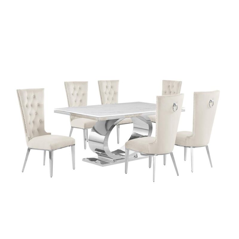 7pc Small(68") marble top dining set with silver base and 6 Cream side chairs