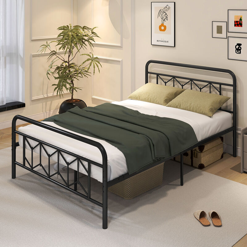 Minimalist Platform Bed with Tall Headboard and Snap Lock Metal Slats