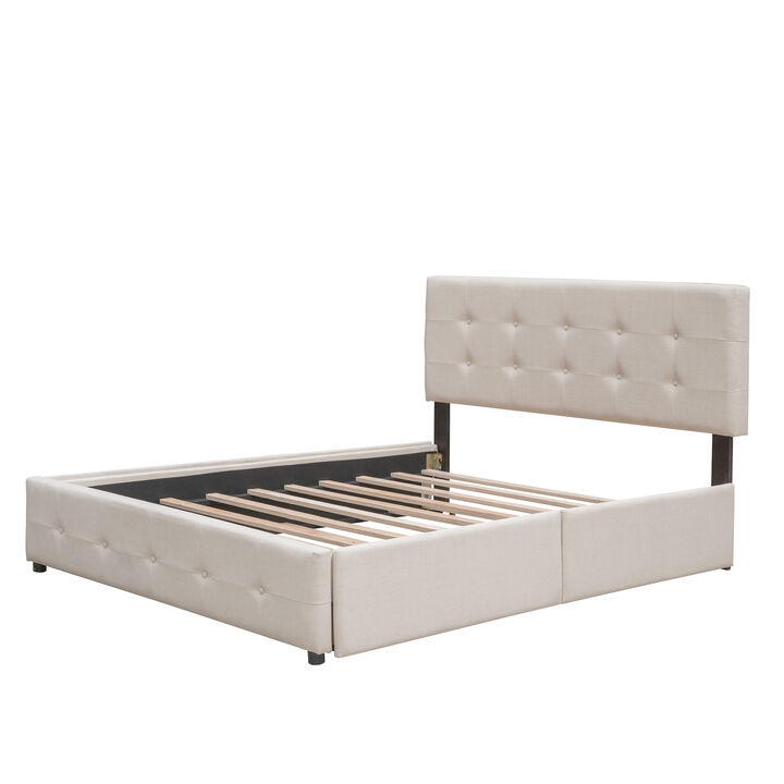 Whisen Queen Size Upholstered Platform Bed with 2 Drawers & Twin XL Trundle, Linen Fabric Space-Saving Bed for Bedroom